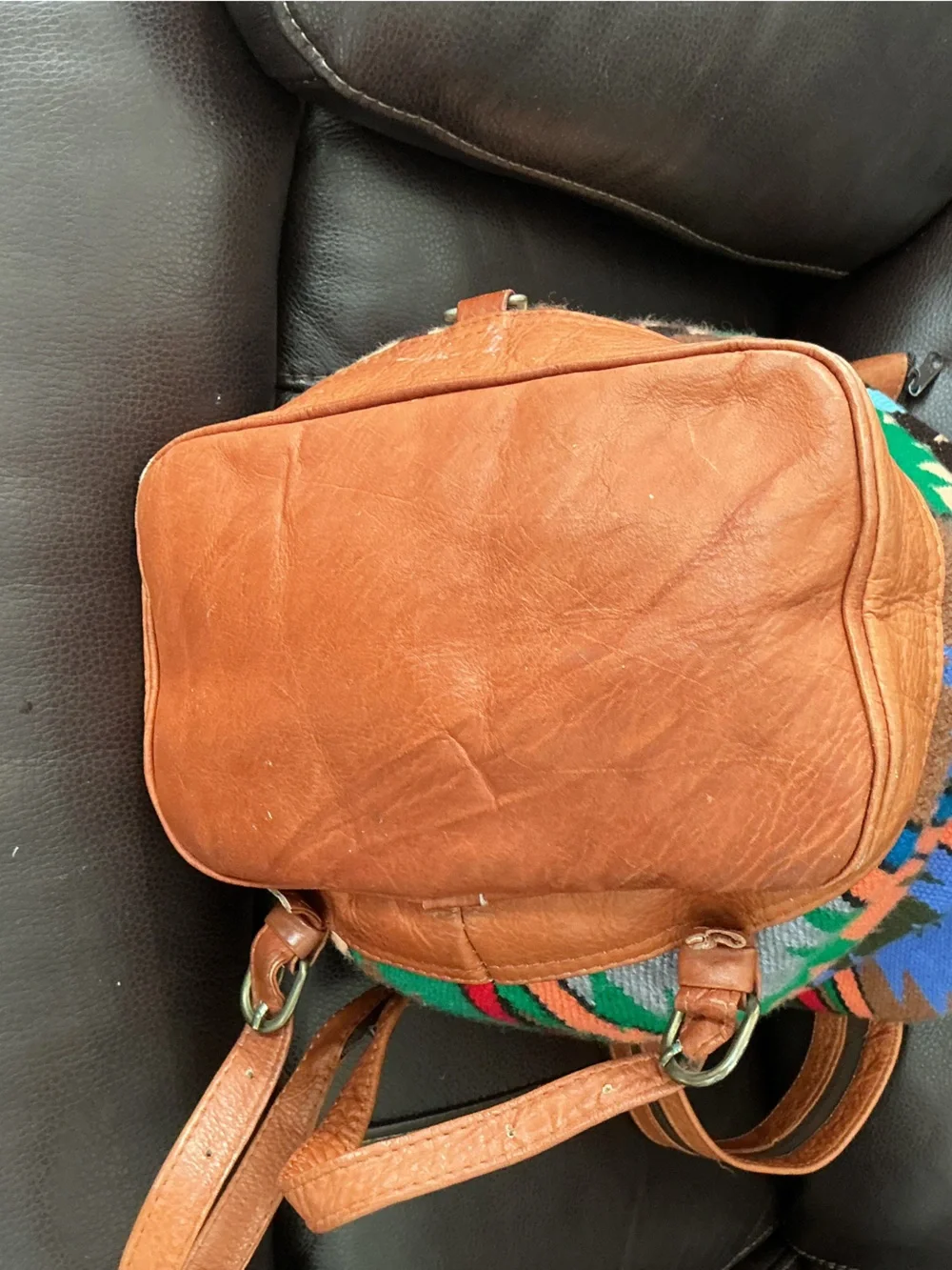 Kilim Style Southwestern Woven Backpack Sling Bag with Tan Leather Trim